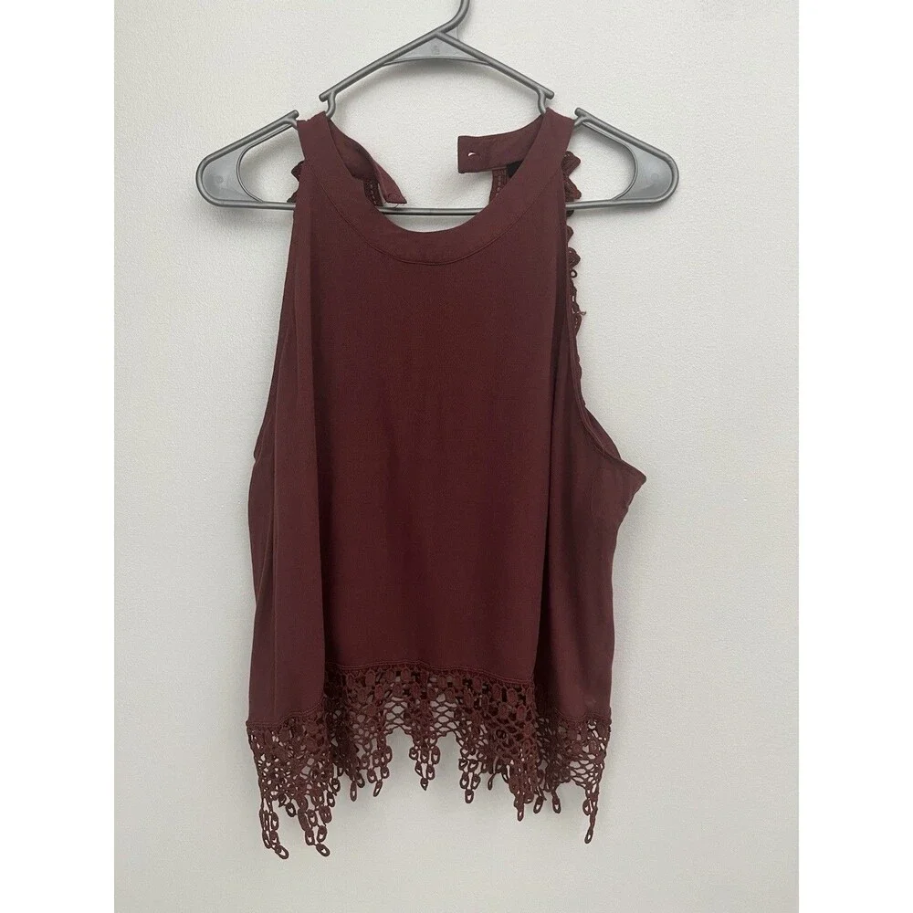 Rue 21 Women’s Top Blouse Crochet Sleeveless Halter Neck Size L Burgundy